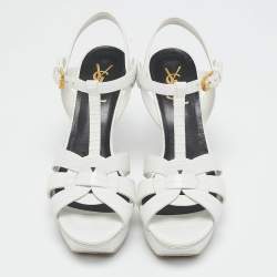 Pre Owned Saint Laurent White Lizard Embossed Leather Tribute Platform Sandals Size 37