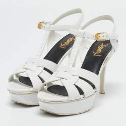 Pre Owned Saint Laurent White Lizard Embossed Leather Tribute Platform Sandals Size 37