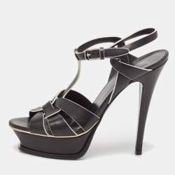 Saint Laurent Black/White Leather Tribute Ankle Strap Sandals Size 37.5