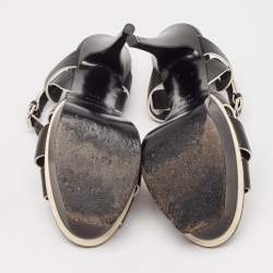 Saint Laurent Black/White Leather Tribute Ankle Strap Sandals Size 37.5