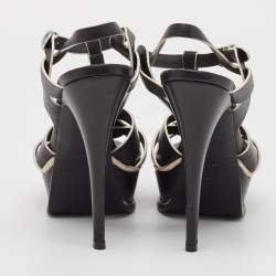 Saint Laurent Black/White Leather Tribute Ankle Strap Sandals Size 37.5