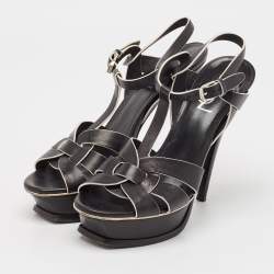 Saint Laurent Black/White Leather Tribute Ankle Strap Sandals Size 37.5