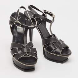 Saint Laurent Black/White Leather Tribute Ankle Strap Sandals Size 37.5