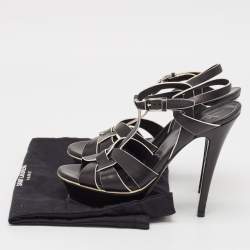 Saint Laurent Black/White Leather Tribute Ankle Strap Sandals Size 37.5