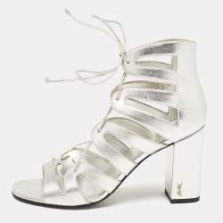 Saint Laurent Silver Leather Babes Lace Up Sandals Size 38