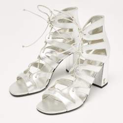 Saint Laurent Silver Leather Babes Lace Up Sandals Size 38