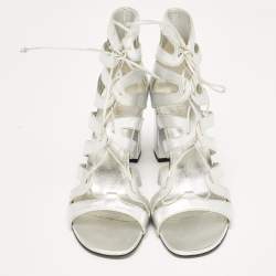 Saint Laurent Silver Leather Babes Lace Up Sandals Size 38