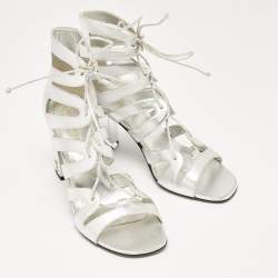 Saint Laurent Silver Leather Babes Lace Up Sandals Size 38