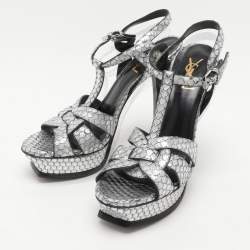 مملوكة مسبقًا Saint Laurent Paris Silver Python Embossed Leather Tribute Platform Sandals Size 38.5