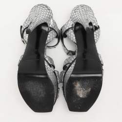 مملوكة مسبقًا Saint Laurent Paris Silver Python Embossed Leather Tribute Platform Sandals Size 38.5