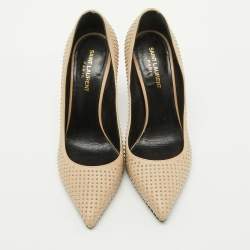Saint Laurent Beige Leather Studded Pointed Toe Pumps Size 38.5