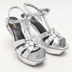 مملوكة مسبقًا Saint Laurent Silver Croc Embossed Leather Tribute Platform Sandals Size 38.5