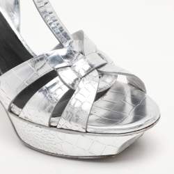 مملوكة مسبقًا Saint Laurent Silver Croc Embossed Leather Tribute Platform Sandals Size 38.5