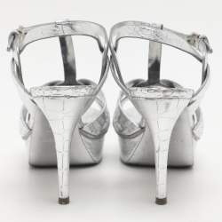 مملوكة مسبقًا Saint Laurent Silver Croc Embossed Leather Tribute Platform Sandals Size 38.5