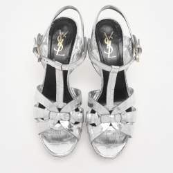 مملوكة مسبقًا Saint Laurent Silver Croc Embossed Leather Tribute Platform Sandals Size 38.5
