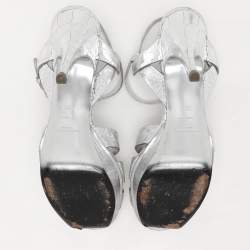 مملوكة مسبقًا Saint Laurent Silver Croc Embossed Leather Tribute Platform Sandals Size 38.5
