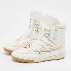Saint Laurent White/Silver Leather and Nylon Ski High Top Sneakers Size 39.5
