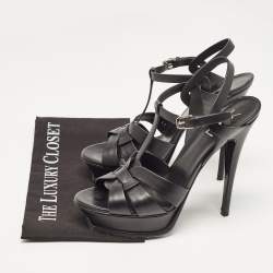 Saint Laurent Black Leather Tribute Platform Ankle Strap Sandals Size 41