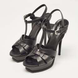 Saint Laurent Black Leather Tribute Platform Ankle Strap Sandals Size 41