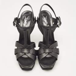 Saint Laurent Black Leather Tribute Platform Ankle Strap Sandals Size 41