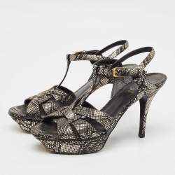 Saint Laurent Black/Gold Textured Leather Tribute Sandals Size 39.5