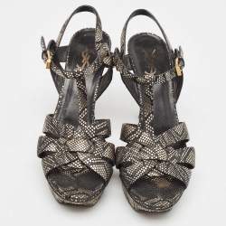 Saint Laurent Black/Gold Textured Leather Tribute Sandals Size 39.5