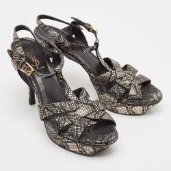 Saint Laurent Black/Gold Textured Leather Tribute Sandals Size 39.5