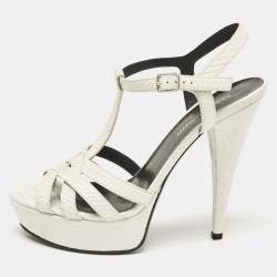 Saint Laurent White Python Embossed Leather Platform T Strap Sandals Size 38