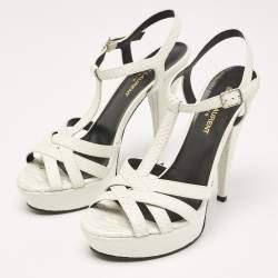 Saint Laurent White Python Embossed Leather Platform T Strap Sandals Size 38