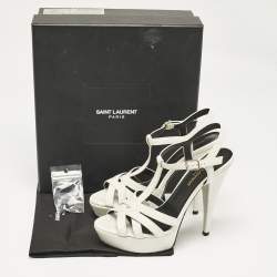 Saint Laurent White Python Embossed Leather Platform T Strap Sandals Size 38