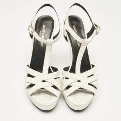 Saint Laurent White Python Embossed Leather Platform T Strap Sandals Size 38