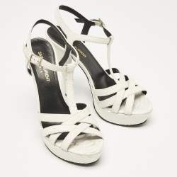 Saint Laurent White Python Embossed Leather Platform T Strap Sandals Size 38