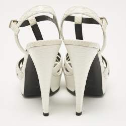 Saint Laurent White Python Embossed Leather Platform T Strap Sandals Size 38