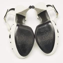 Saint Laurent White Python Embossed Leather Platform T Strap Sandals Size 38