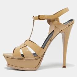 Saint Laurent Beige Patent Leather Tribute Platform Sandals Size 38.5