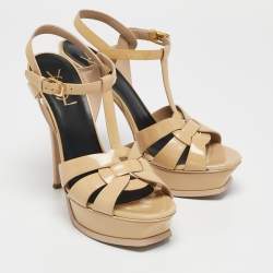 Saint Laurent Beige Patent Leather Tribute Platform Sandals Size 38.5