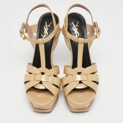 Saint Laurent Beige Patent Leather Tribute Platform Sandals Size 38.5