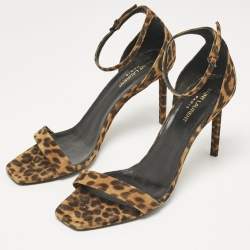 Saint Laurent Brown Leopard Print Suede Ankle Strap Sandals Size 42