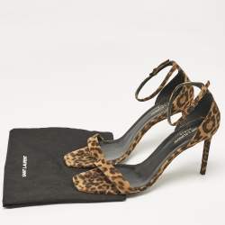 Saint Laurent Brown Leopard Print Suede Ankle Strap Sandals Size 42
