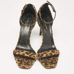 Saint Laurent Brown Leopard Print Suede Ankle Strap Sandals Size 42