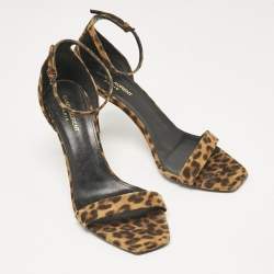 Saint Laurent Brown Leopard Print Suede Ankle Strap Sandals Size 42