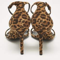 Saint Laurent Brown Leopard Print Suede Ankle Strap Sandals Size 42