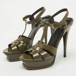 Pre Owned Saint Laurent Olive Green Patent Leather Tribute Platform Sandals Size 38