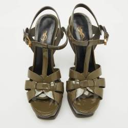 Pre Owned Saint Laurent Olive Green Patent Leather Tribute Platform Sandals Size 38