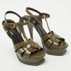 Pre Owned Saint Laurent Olive Green Patent Leather Tribute Platform Sandals Size 38