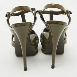 Pre Owned Saint Laurent Olive Green Patent Leather Tribute Platform Sandals Size 38