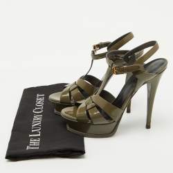 Pre Owned Saint Laurent Olive Green Patent Leather Tribute Platform Sandals Size 38