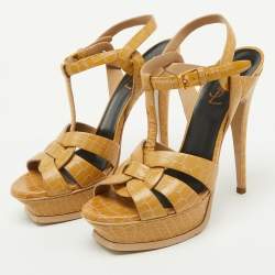 Saint Laurent Yellow Croc Embossed Leather Tribute Platform Sandals Size 38