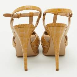 Saint Laurent Yellow Croc Embossed Leather Tribute Platform Sandals Size 38