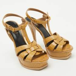 Saint Laurent Yellow Croc Embossed Leather Tribute Platform Sandals Size 38